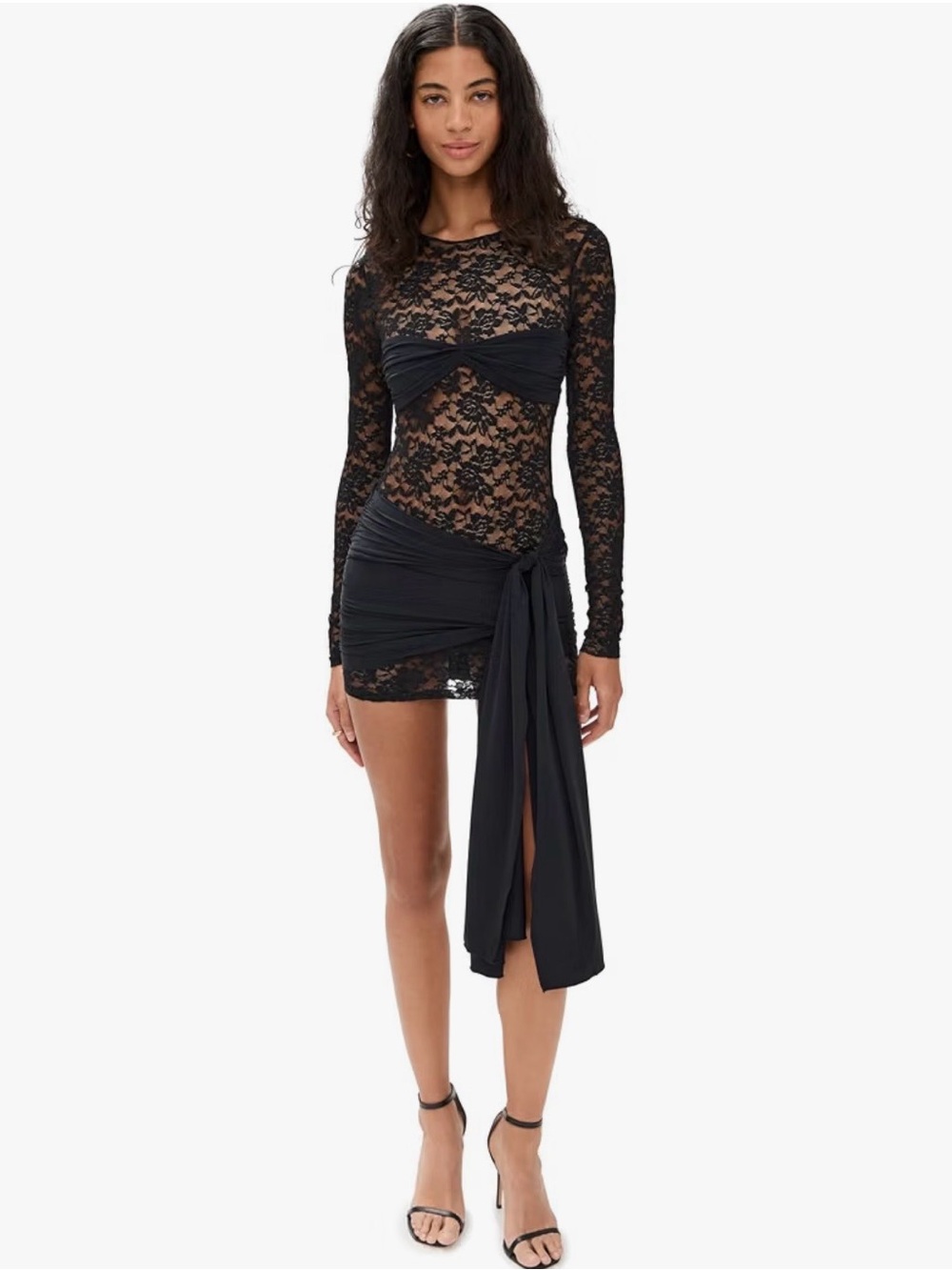 Lioness Black Lace Long-Sleeve Mini Dress with Side Sash
